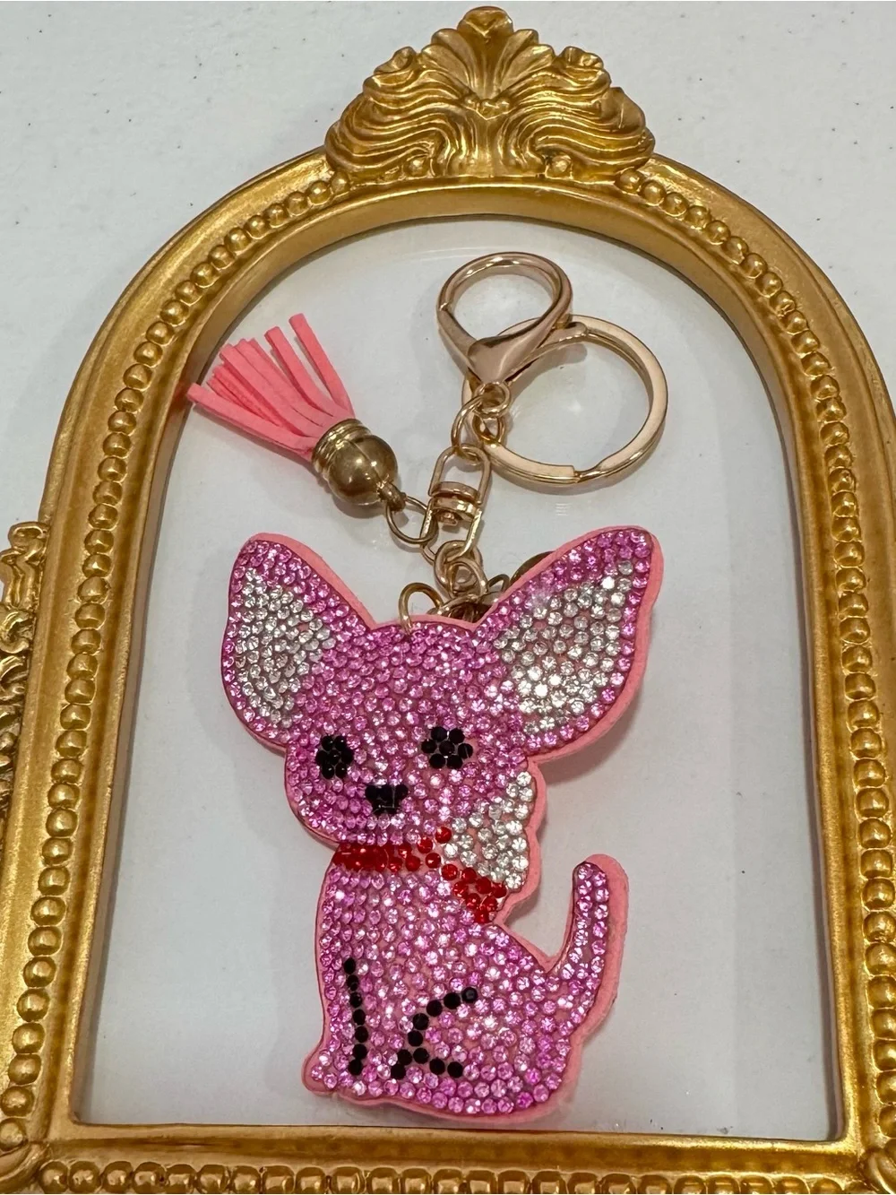 New Pink Crystal Chihuahua Keychain Charm with Tassel